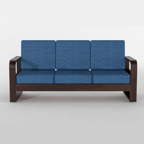 Image of Solid Sheesham Wooden 3 Seater Sofa for Living Room | Sofa with Side Pocket Storage & Cushion | Rosewood Sofa Set for Home (Walnut with Blue Cushion, 3 Seater)