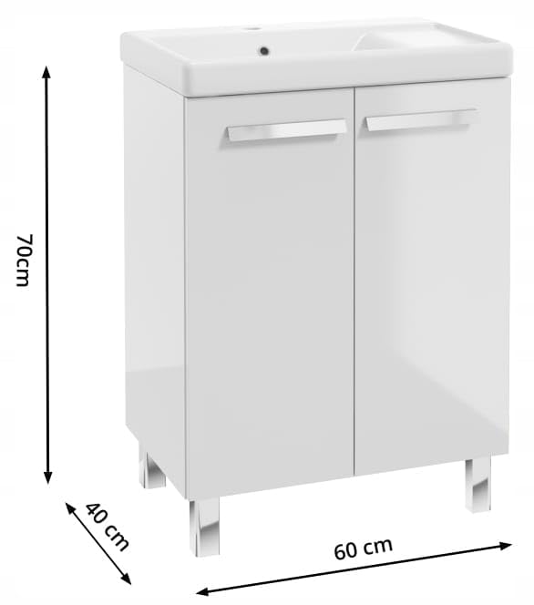 .Deftrans Szafka pod umywalkę z ceramiczną umywalką i chromowaną armaturą – 80 x 60 cm, biała, wysoki połysk, z ociekaczem, system Soft-Close, odpływ Click-Clack i syfon