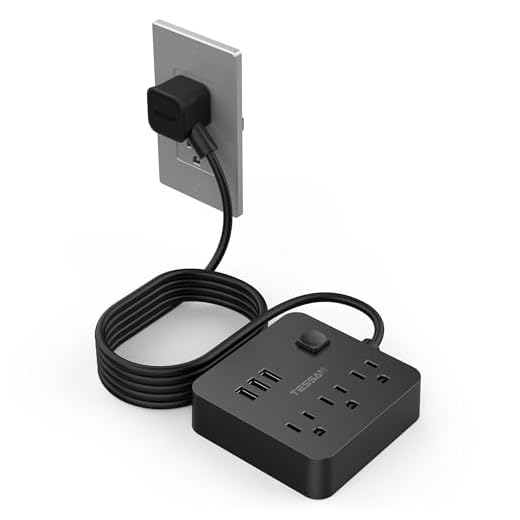 Power Strip with 3 USB 3 Outlet, Desktop Charging Station 5 ft Flat Plug Extension Cord for Cruise Ship, Dorm Room Multi Plug Extender, Black