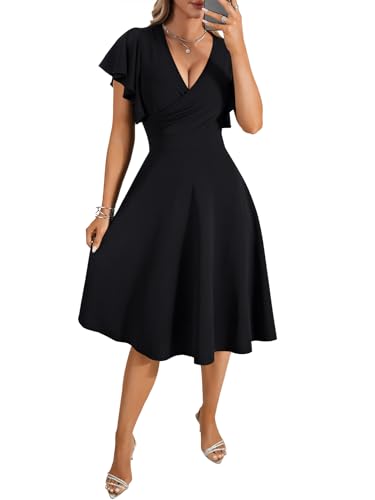 Image of LYANER Women's Warp V Neck Ruffle Short Sleeve A Line Swing Flared Cocktail Party Midi Dress