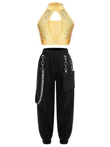 Costume danse hip-hop scintillant à sequins brodés et pantalon cargo fluide