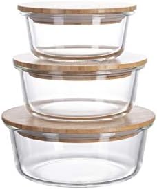 Homiu Glass Food Storage Container with Bamboo Lid Impact Resistant Airtight Leak-Proof Oven and Freezer Safe 3 Pack Square or Round Design (Round Set)