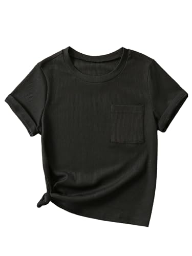 OYOANGLE Girl's Ribbed Knit T Shirt Crew Neck Short Sleeve Solid Casual Tee Tops with Pocket