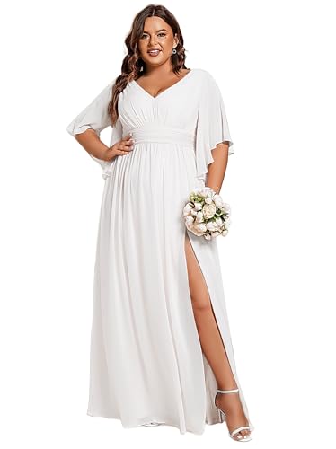 Image of Ever-Pretty Plus Women's Plus Size V Neck Half Sleeves Slit A Line Floor Length Bridesmaid Dress 01886-DA