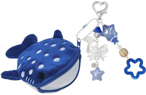 Nalefow Cute Keychain Whale Shark Coin Purse Keychain Cute Plush Zipper Change Pouch Kawaii Handmade Wallet for Women (Dark Blue)