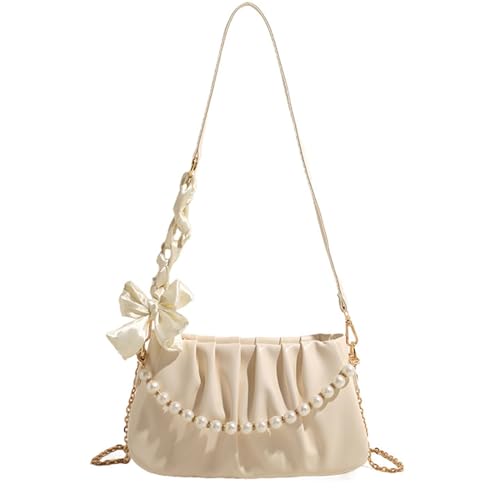 FHGSPQWM Bolso bandolera de piel sintética con cadena de perlas para mujer, para compras, citas, viajes, nubes con cadena de perlas, de piel sintética, para llevar al hombro, beige
