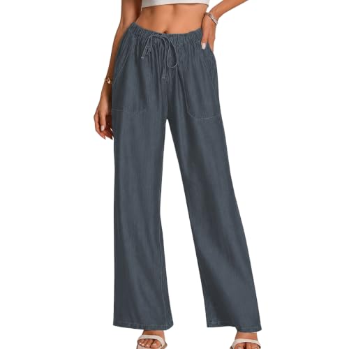 Image of TOPLOT Woman's Wide Leg Drawstring Trousers with Elastic Waist | Relaxed Fit Casual Pants with Pockets | Comfortable Everyday Wear for Travel and Office Wear (5251)