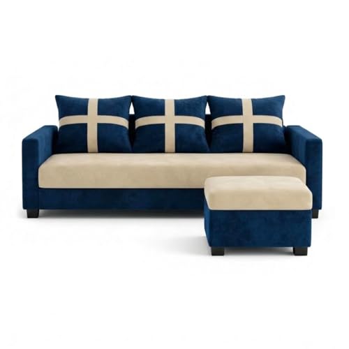 Image of Caviriq 4 Seater L Shape Sofa Set with Movable Ottoman | Flexible Left or Right Layout | Luxury Velvet Suede Fabric | Modern Living Room Sofa | Dark Blue-Cream