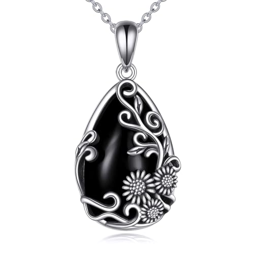 Collier tournesol en argent anti-allergie, chaîne ajustable et obsidienne noire