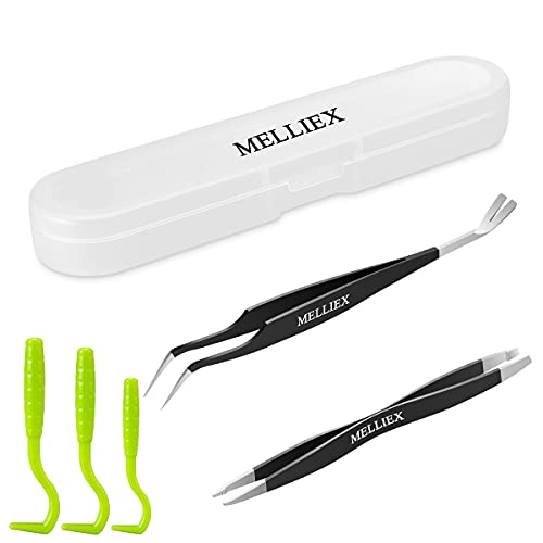 MELLIEX Zeckenzange Set Edelstahl Zeckenentfernung Zeckenentferner Zeckenpinzette und Plastik Zeckenhaken mit Aufbewahrungsbox für Hunde Haustiere Katze Hund (Schwarz)