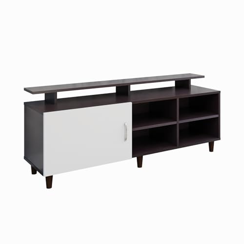 Image of VIKI Modern TV Unit for Living Room | Engineered Wood TV Cabinet with 1 Door Storage, 2 Open Shelves & Extension, Entertainment Unit, 140W x 48H x 40D cm | DIY | 1 Year Warranty (Wenge & White)