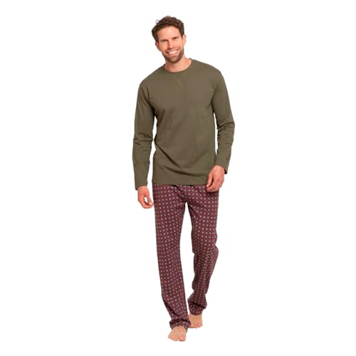 TRAMAS+ Pijama de Hombre Largo,100% Algodón, con Manga Larga y Pantalón Largo, Conjunto de Ropa para Dormir Entretiempo - XL, Gladiolo Verde Cacería