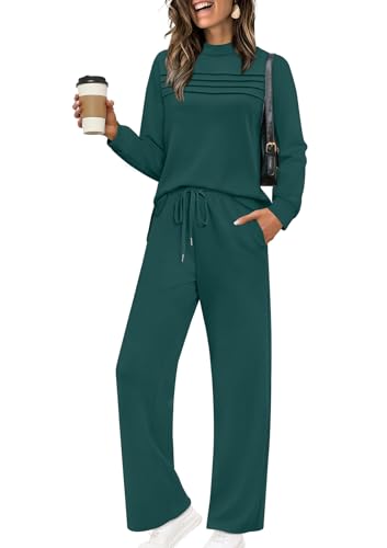 Image of WIHOLL Two Piece Sets for Women Fall Travel Vacation Outfits 2026 Long Sleeve Lounge Sets Side Slit Wide Leg Pants XS-3XL