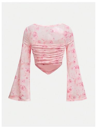 Image of Floerns Girls Bell Long Sleeve Square Neck Asymmetrical Hem Mesh Ruched Crop Tops Tees