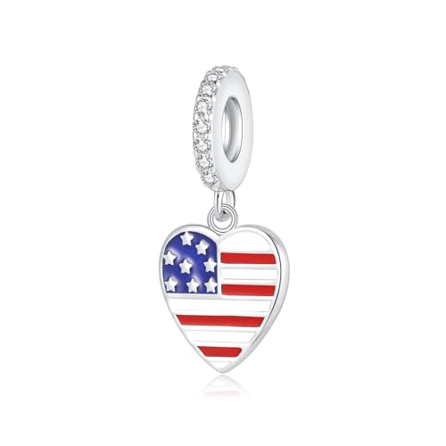 American Flag Charms for Pandora Bracelets - Sterling Silver Patriotic Dangle Charm fit Bracelet and Necklace 4th of July Pendant Independence Day Jewelry Gifts