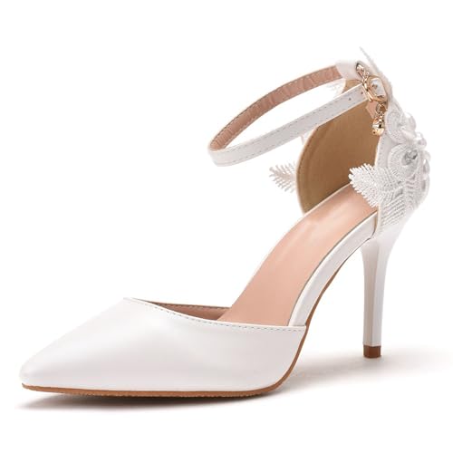 Women's High Heels, 9cm White Pumps Bridal Bridesmaid Wedding Dress Comfortable Shallow Mouth Thin Heels Sandals Lace Flower Car Show Shoes, 36 EU,White