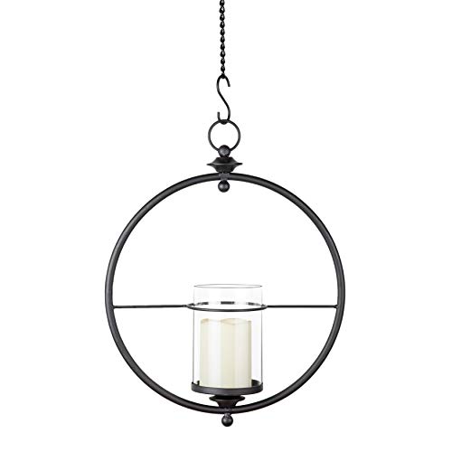 Danya B. Decorative Indoor/Outdoor Candle Holder - Round Wrought Iron Hanging Wall Sconce With Glass Hurricane For Pillar Candles #TOP8