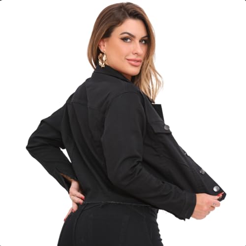 Jaqueta Jeans Feminina Preta Cropped Casaco De Botões Com Manga Comprida Moda Inverno (BR, Alfa, G,