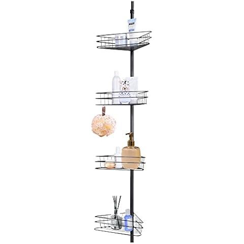 Aquaterior 4 Tier Metal Bathroom Telescopic Corner Shower Shelf Caddy Pole Wall Rack Storage Organizer Soap Holder Black, 107 -110 Inch Height Cover