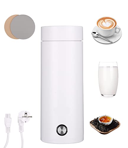 FAOKZE Pequeño hervidor de agua portátil, 450ML Hervidor de Viaje, 3 en 1 Mini Taza de Agua Eléctrica, 2 Untersetzer gratis, Materiales Inoxidables, Apagado Automático, para Hacer Leche, Café y Té