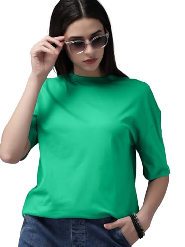 Image of LEOTUDE Women's cotton Oversized Fit Oversized Half Sleeve Tshirt, Round Neck Longline Drop Shoulder Solid T-Shirt