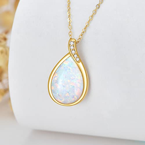 YDD 14k Solid Gold White Opal Necklace for Women Dainty Teardrop Pendant Opal with Genuine Diamond Necklace October Birthstone Pear-Shape Opal Jewelry Gifts for Her 16"-18"2