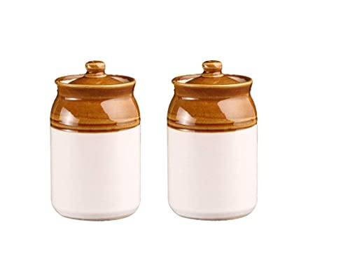 Image of QIMACPLUS Handmade Ceramic Pickle Jar Set with Lids - Achar Barni | Achar Ki Barni | Containers for Pickle, Spices, Chutney, and Sauces Storage (Pack of 2-1000ml)