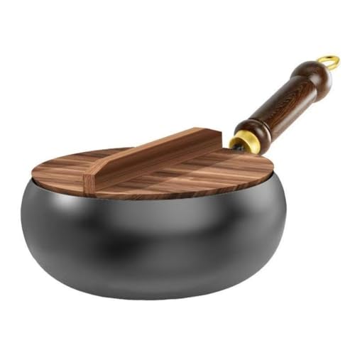 YAKINOフライパン、中華鍋、ガラス蓋、大容量鉄、無塗装、高温精製、油はね防止設計、ガスとIH加熱に適し、家庭用フライパンのプロ仕様 (24cm,鍋+木の蓋)