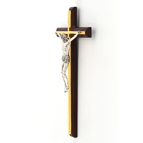Crucifixo feito à mão - Cruz de parede de madeira fina prateada e dourada