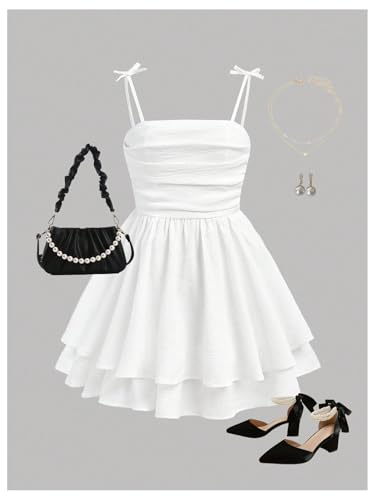 Image of SHENHE Girl's Smocked Ruched A Line Swing Dress Layered Tie Shoulder Flowy Cami Short Dress