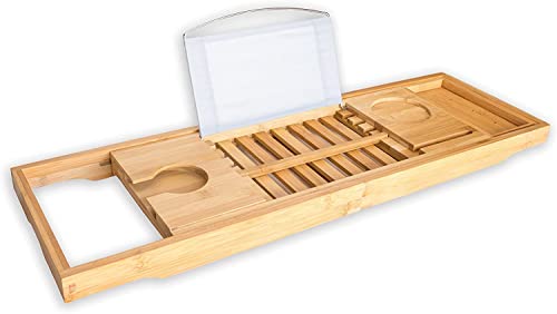 #1 Pont de Baignoire Luxueux en Bambou BRUMA - Extensible Plateau de Bain en Bois de Bambou - Étagère pour la Baignoire Serviteur de Baignoire - Garantie de Remplacement de 2 Ans