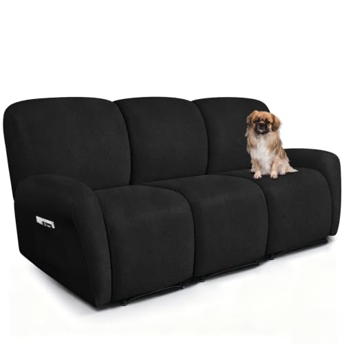 Image of ANARACHON Leather Look Recliner Couch Cover 8-Piece Recliner Sofa Slipcovers 3 Seater for Reclining Couches Furniture Protector Spandex Fabric Washable (Recliner Sofa,256Black)