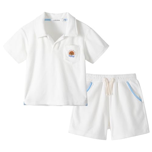 Volunboy Conjunto Niño de Rizo, Cuello Gaviota y Pantalones Cortos con Cintura Elástica para Playa y Exterior(Talla 100,2 3 Años,Blanco)