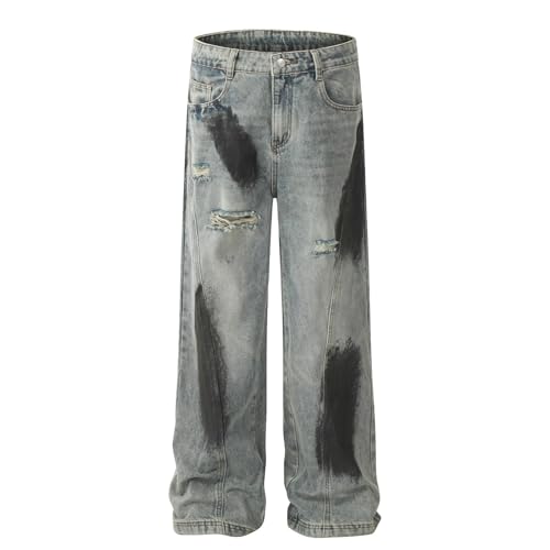 Jeans Pants Trousers Denim Street Trendy Punch Washed Blue Hand Painted Design Personalized Commuter Straight Leg for Men