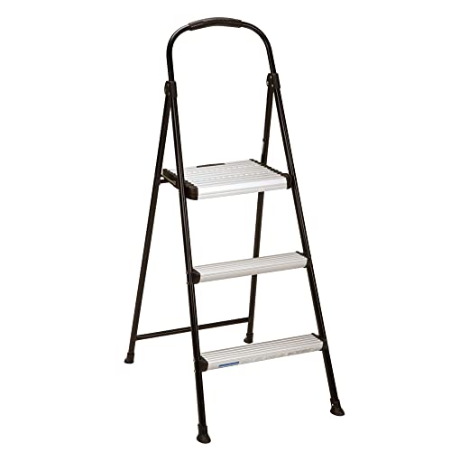COSCO Lightweight Three-Step Folding Step Stool for Home Use - Large Platform One-Hand Release Non-Marring Leg Tips Aluminum and Steel Frame
