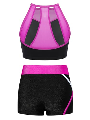 Kids Girls Athletic Sports Outfit Crop Tank Top With Booty Shorts Set For Gymnastic Dance Training Hot Pink 12 Years2