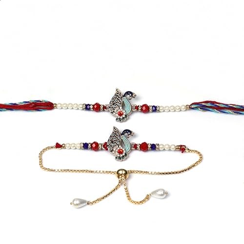 Image of Oblivion Rakhi Set for Brother and Bhabhi - Peacock with Feather Gift for Bhai & Lumba for Bhabhi with Silver Colour Coin and Greeting Card - Raksha Bandhan Combo