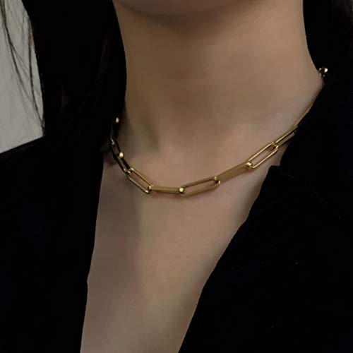 Shapes Studio 18K Gold Plated Titanium Thick Paperclip Chain Necklace, Minimalist Style, Bold Chunky Paper Clip Chain Necklace, Short Necklace, Never Tarnish(40Cm) #TOP6