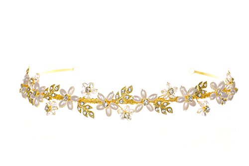 SAMKY Handmade Pearl Flower Crystal Leaf Headband Tiara - Gold Plated T1175