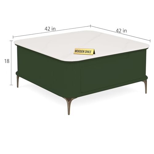 Image of WOODEN SPACE Premium Solo Marble-Top Wooden Center Table for Living Room | Iron Legs | PVD Coating | Modern Entryway Furniture | Coffee Table (Dark Green)