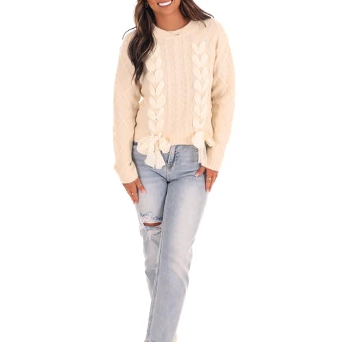 Image of Women Ribbon Sweater Cute Bow Tie Long Sleeve Knit Pullover Winter Casual Crew Neck Cable Knitted Top Streetwear