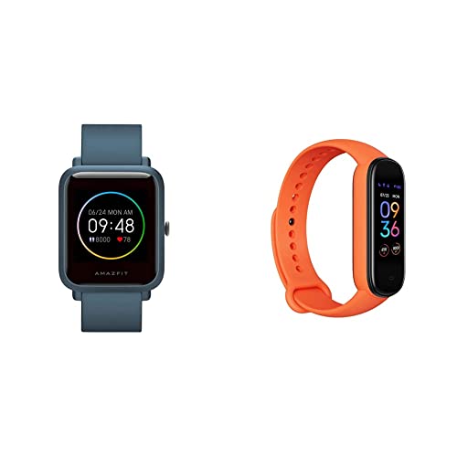 Amazfit Bip S Lite Smart Watch Fitness Tracker (Blue) & Band 5 Activity Fitness Tracker with Alexa Built-in, 15-Day Battery Life, Blood Oxygen, Heart Rate, Sleep & Stress Monitoring, Orange