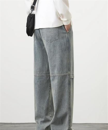 Men Vintage Washed Jeans Cotton Wide Leg Denim Pants Elastic Waist Casual Straight Trousers3