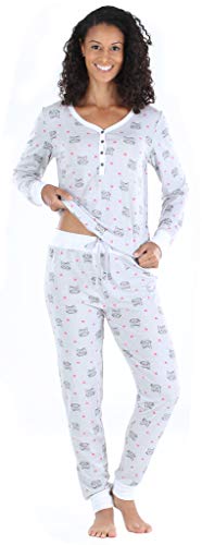 Sleepyheads Women's Knit Long Sleeve Henley and Pant Pajama Set, Allover Print Set - Cat Lover, LRG