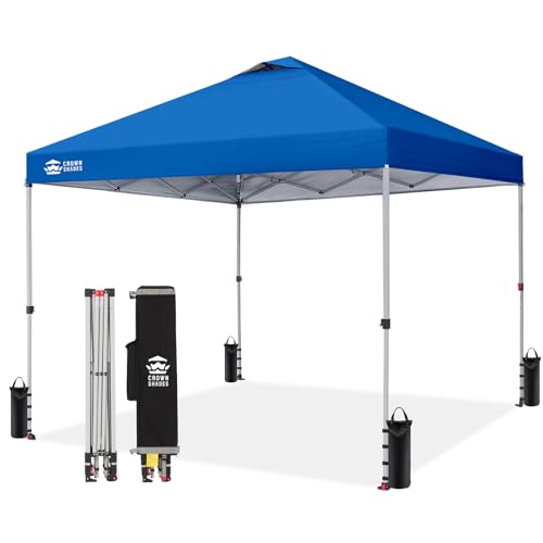 CROWN SHADES 12x12 Pop Up Canopy Outside Canopy, Patented One Push Tent Canopy with Wheeled Carry Bag, Bonus 8 Stakes and 4 Ropes, Blue
