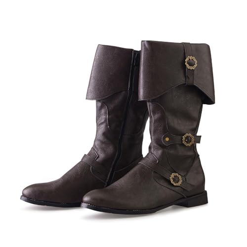 DUNHAO COS Men's Faux Leather Medieval Boots Viking Pirate Costume Boots Renaissance Faire Cosplay Shoes- Brown US 13/CH 48