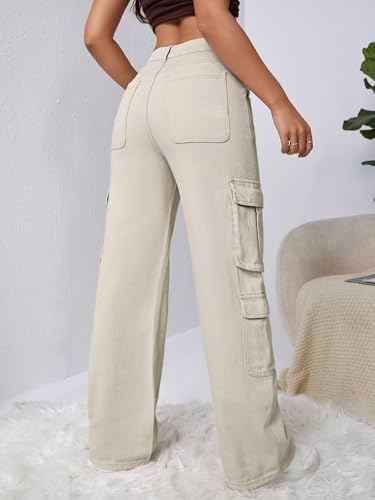 Image of GRECIILOOKS Cargo Jeans for Women - Wide Leg High Waist Baggy Denim Pants | Casual Fit Trousers with Utility Pocket Design