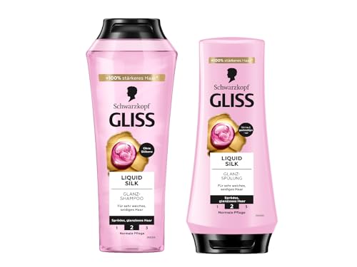 Gliss Shampoo Liquid Silk (250 ml) Haarshampoo mit Ceramiden & Seide Glanz-Shampoo & Spülung Liquid Silk (200 ml) Haarspülung mit Ceramide Pflegespülung für Haare wie Seide