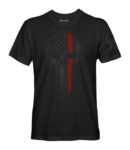 Fantastic Tees Thin Red Line Firefighter Support Patriotic Skull Stealth T-Shirt (Black XL)