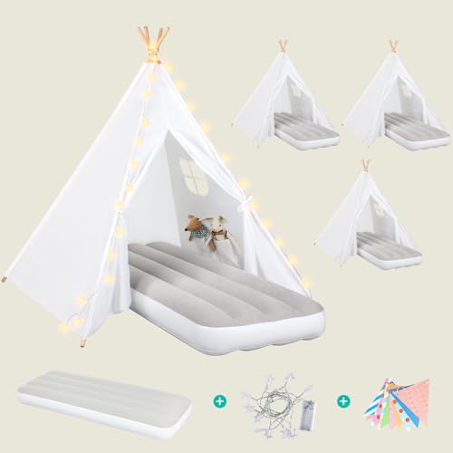 Wilwolfer 4 Pack Kids Teepee Tent - Play Tent with Star Lights, Colorful Flags & Inflatable Airbed – Foldable Toddler Playhouse, Sleepover Party Supplies Gifts